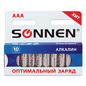 Батарейки SONNEN, AAA (LR03), комплект 10 шт., АЛКАЛИНОВЫЕ, в блистере, 1,5 В, 451089
